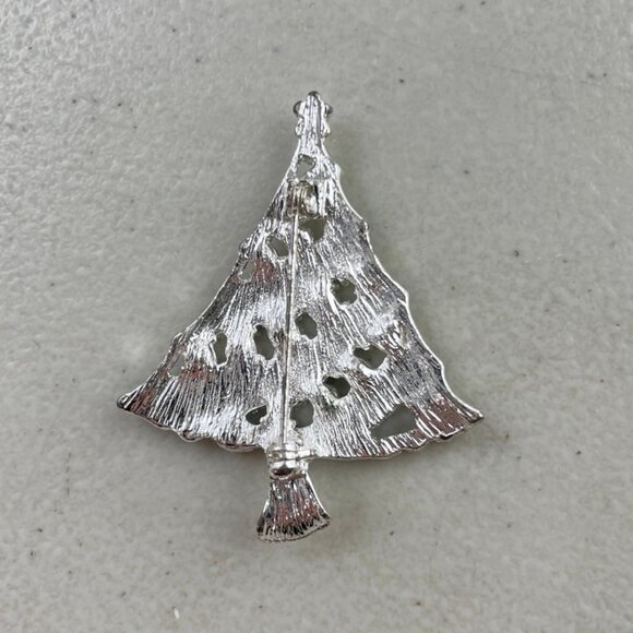 Vintage Christmas Tree Pin Green Silver Rhinestones Metallic Holiday Tree Brooch - Picture 2 of 2
